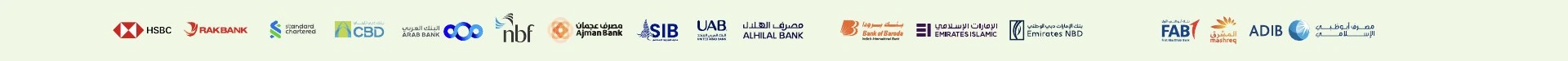 HSBC, RAKBANK, Standard Chartered, CBD, Arab Bank, NBF, Ajman Bank, SIB, UAB, Al Hilal Bank, Bank of Baroda, Emirates Islamic, Emirates NBD, FAB, Mashreq, ADIB and Dubai Islamic Bank